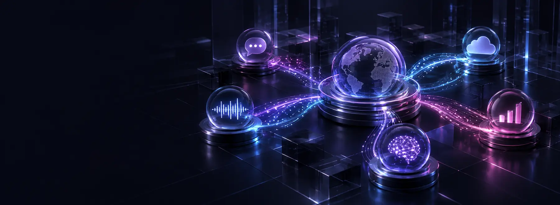 Abstract enterprise communication network connecting messaging, voice, AI, cloud infrastructure and business growth